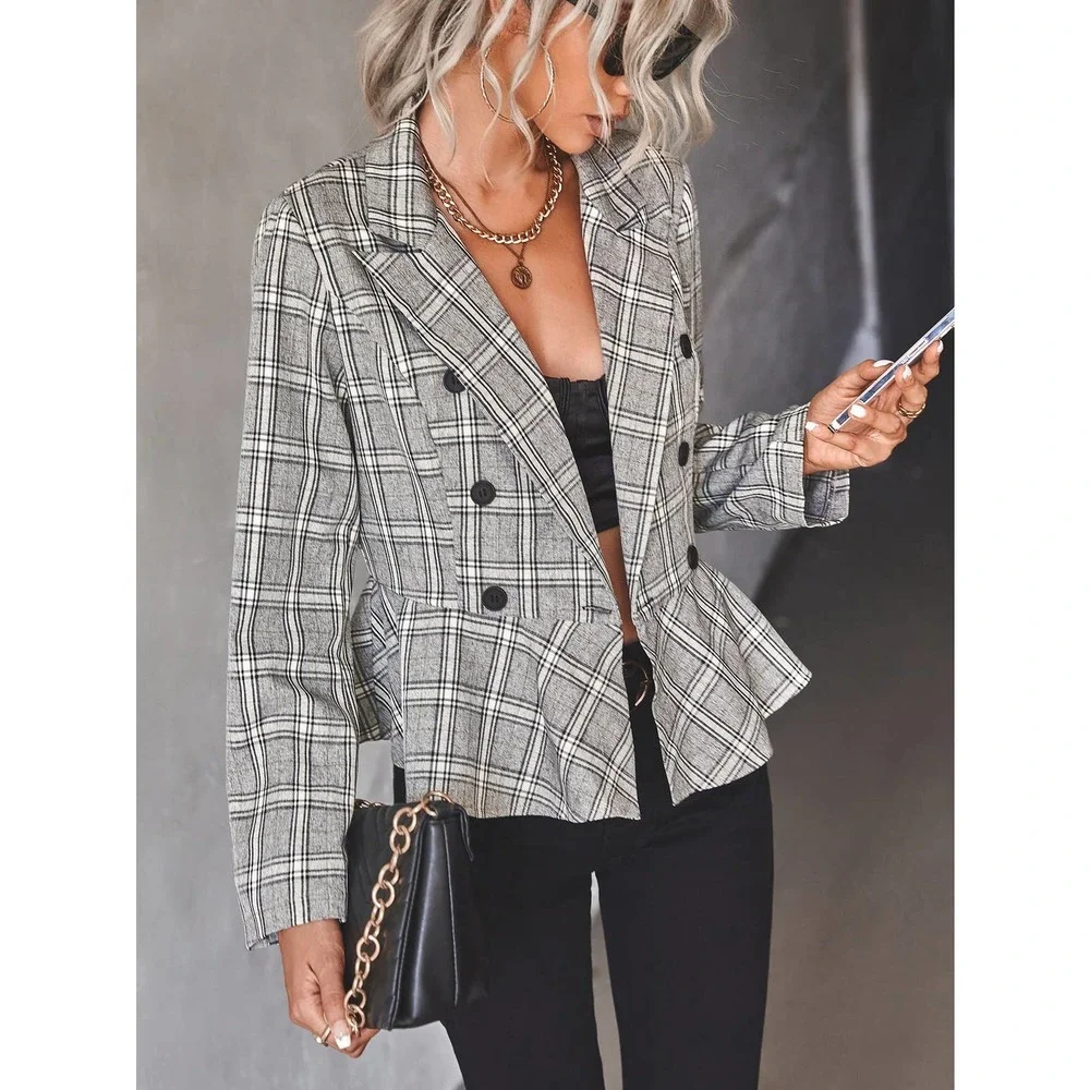 Plaid Double Breasted Peplum Blazer gray - Picture 5 of 5